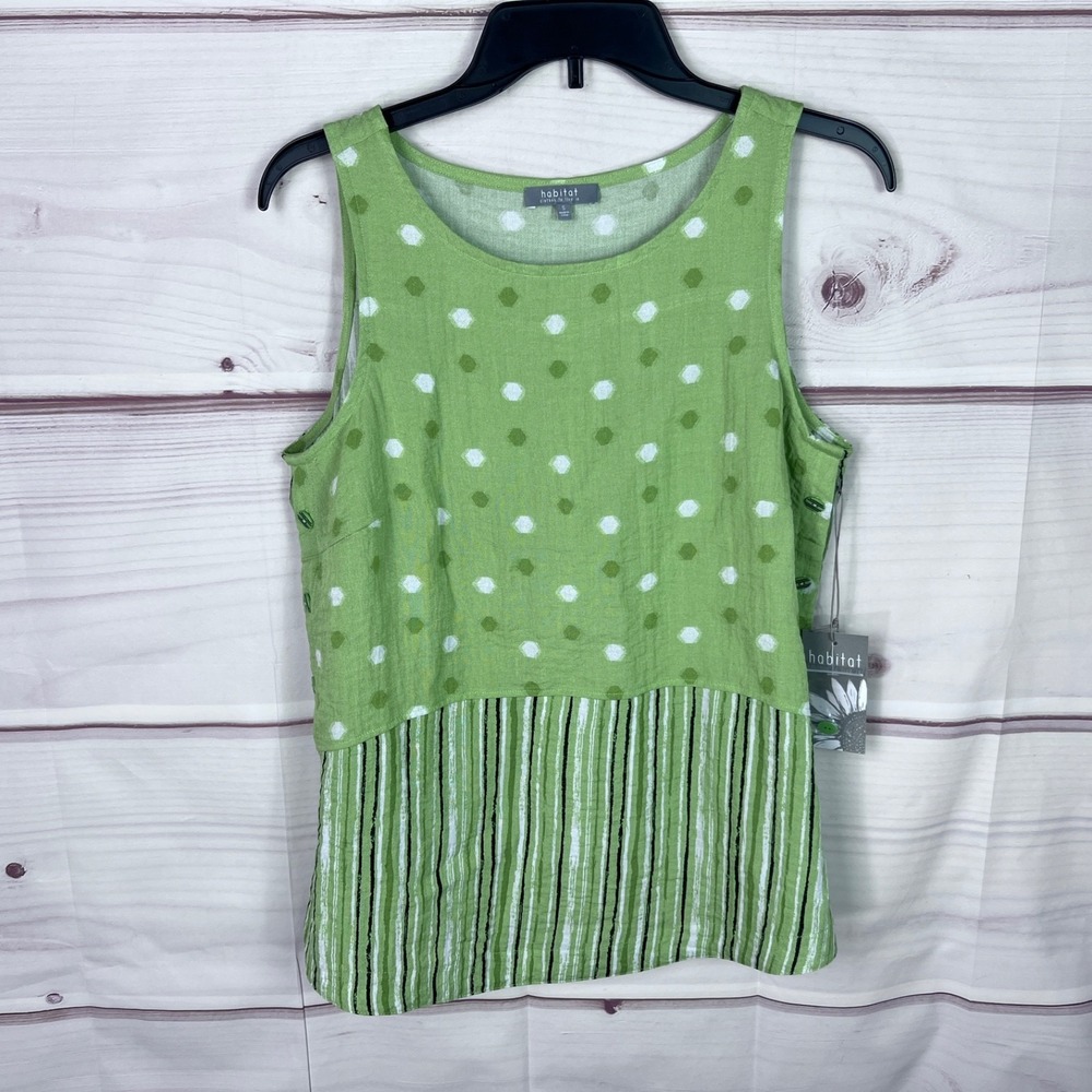 Habitat Top Womens S Green Polka Dot Stripe Tank Boat Neck Sleeveless Buttons